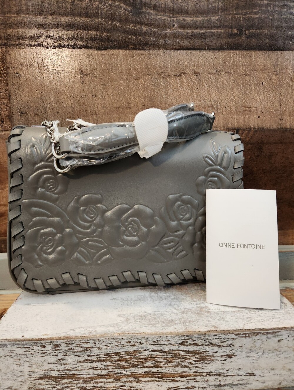 Anne Fontaine Gray Rose-Embossed Crossbody with Woven Edge